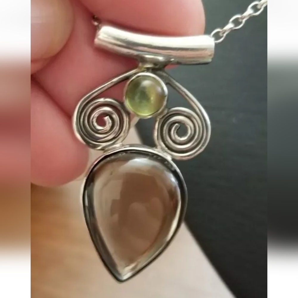 Sterling Silver Smokey Quartz & Green Stone Pendant Bohemian